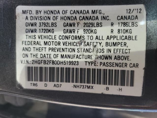 2HGFB2F80DH519923 - 2013 HONDA CIVIC EX GRAY photo 10