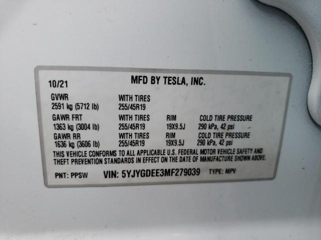 5YJYGDEE3MF279039 - 2021 TESLA MODEL Y Белый фото 10