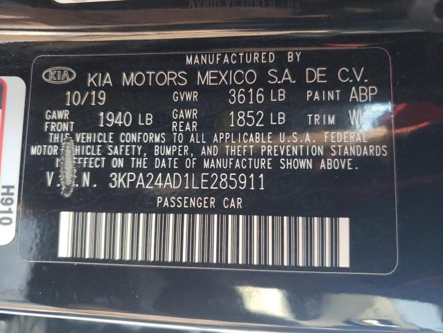 3KPA24AD1LE285911 - 2020 KIA RIO LX BLACK photo 10