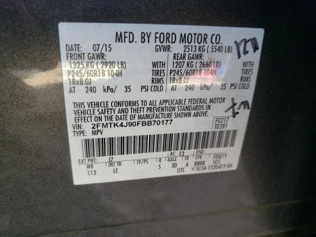 2FMTK4J90FBB70177 - 2015 FORD EDGE SEL CHARCOAL photo 10