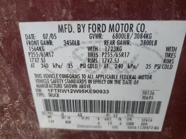 1FTRW12W95KE90933 - 2005 FORD F150 SUPER MAROON photo 10