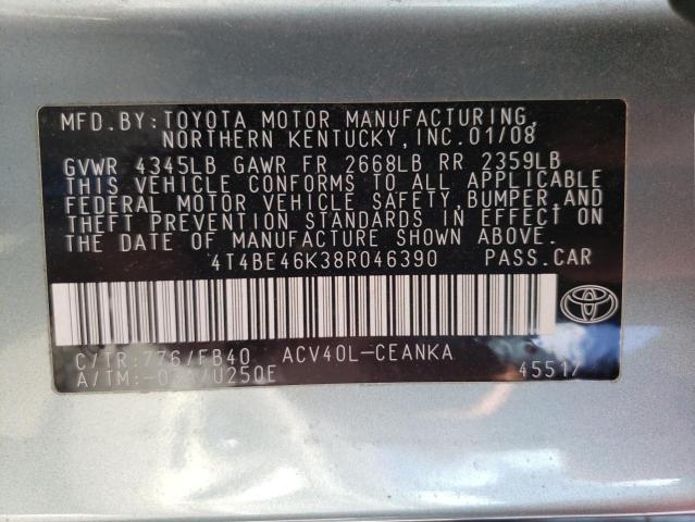 4T4BE46K38R046390 - 2008 TOYOTA CAMRY CE TURQUOISE photo 10