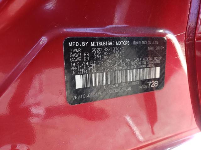 ML32A3HJ2KH014803 - 2019 MITSUBISHI MIRAGE ES RED photo 10