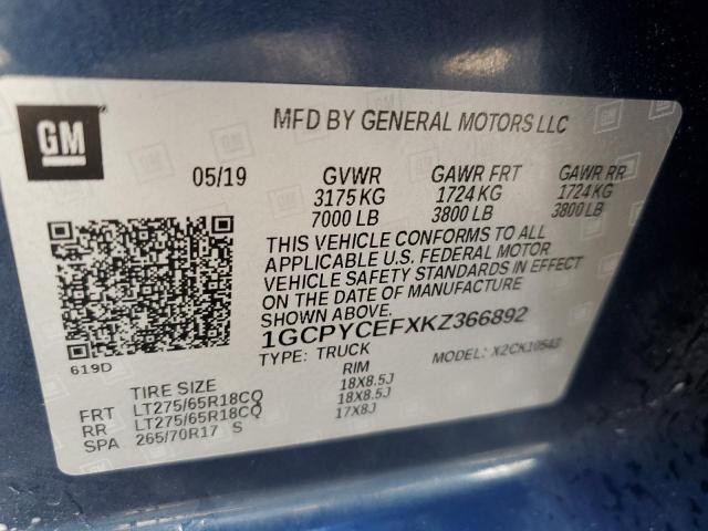 1GCPYCEFXKZ366892 - 2019 CHEVROLET SILVERADO BLUE photo 10