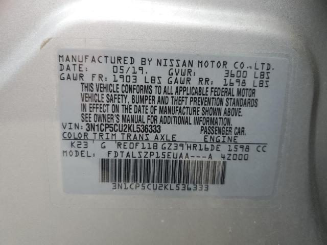 3N1CP5CU2KL536333 - 2019 NISSAN KICKS S SILVER photo 10