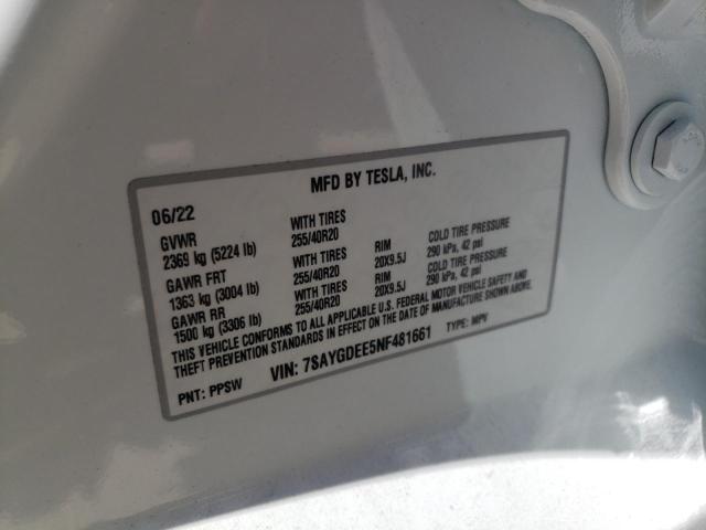 7SAYGDEE5NF481661 - 2022 TESLA MODEL Y Белый фото 10