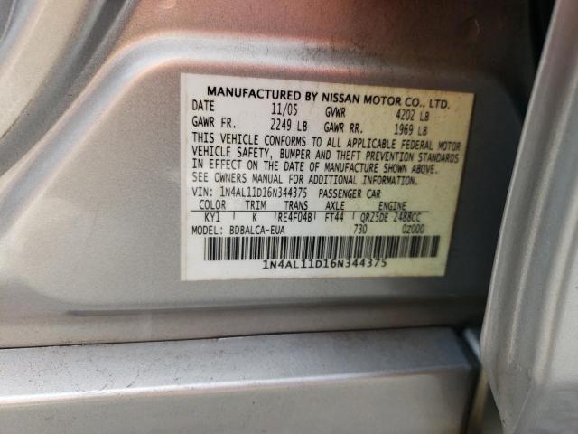 1N4AL11D16N344375 - 2006 NISSAN ALTIMA S SILVER photo 10