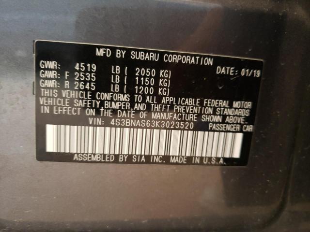 4S3BNAS63K3023520 - 2019 SUBARU LEGACY SPO GRAY photo 10