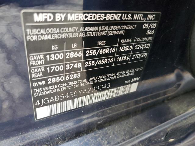 4JGAB54E5YA200343 - 2000 MERCEDES-BENZ ML 320 BLUE photo 10