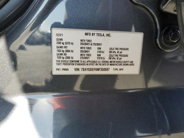 7SAYGDEF6NF350697 - 2022 TESLA MODEL Y فحمي صورة 10