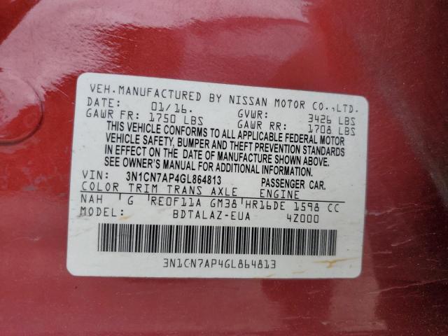 3N1CN7AP4GL864813 - 2016 NISSAN VERSA S RED photo 10