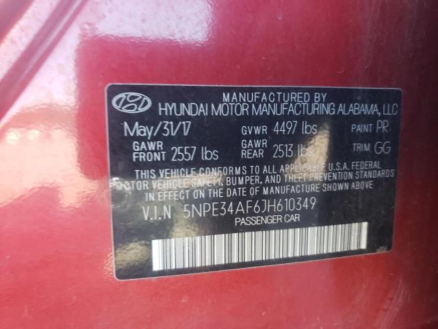 5NPE34AF6JH610349 - 2018 HYUNDAI SONATA SPO RED photo 10