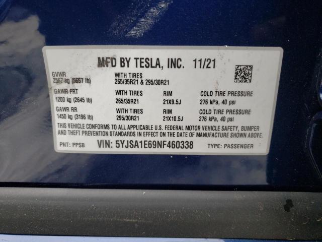 5YJSA1E69NF460338 - 2022 TESLA MODEL S Կապույտ լուսանկար 10