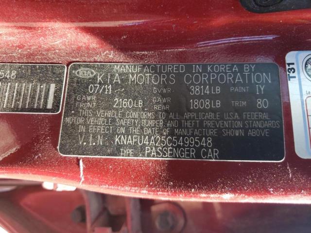 KNAFU4A25C5499548 - 2012 KIA FORTE EX RED photo 10