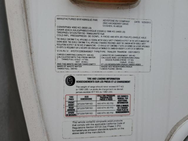 4YDT31229DB450827 - 2013 KEYSTONE OUTBACK WHITE photo 10