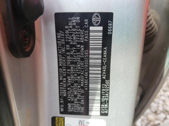 4T4BE46K17R007585 - 2007 TOYOTA CAMRY CE GRAY photo 10