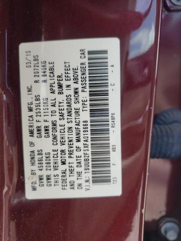 19UUB2F5XFA019668 - 2015 ACURA TLX TECH MAROON photo 10