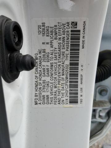 2HGFC2F82MH525302 - 2021 HONDA CIVIC SPOR WHITE photo 10