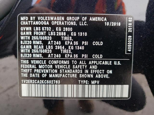 1V2ER2CA2KC502763 - 2019 VOLKSWAGEN ATLAS SEL Qara foto 10