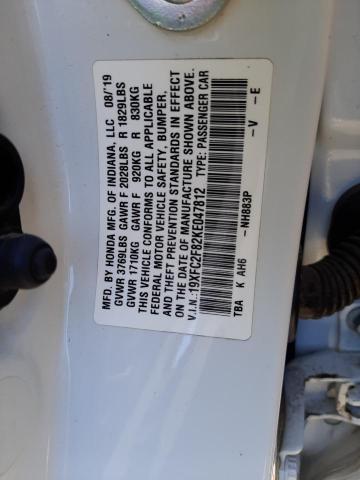 19XFC2F82KE047812 - 2019 HONDA CIVIC SPOR WHITE photo 10