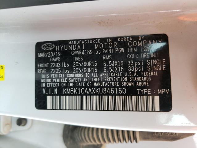 KM8K1CAAXKU346160 - 2019 HYUNDAI KONA SE WHITE photo 10