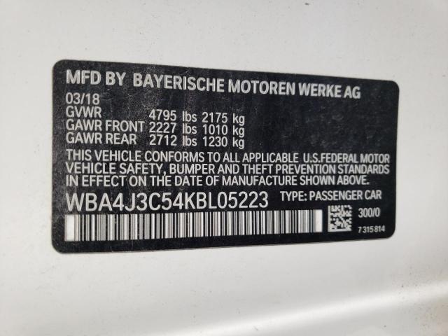 WBA4J3C54KBL05223 - 2019 BMW 430XI GRAN WHITE photo 10