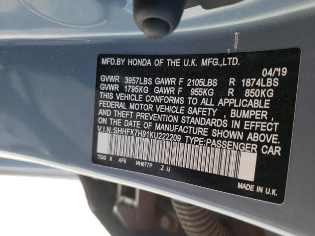 SHHFK7H91KU222209 - 2019 HONDA CIVIC SPORT TOURING  photo 10