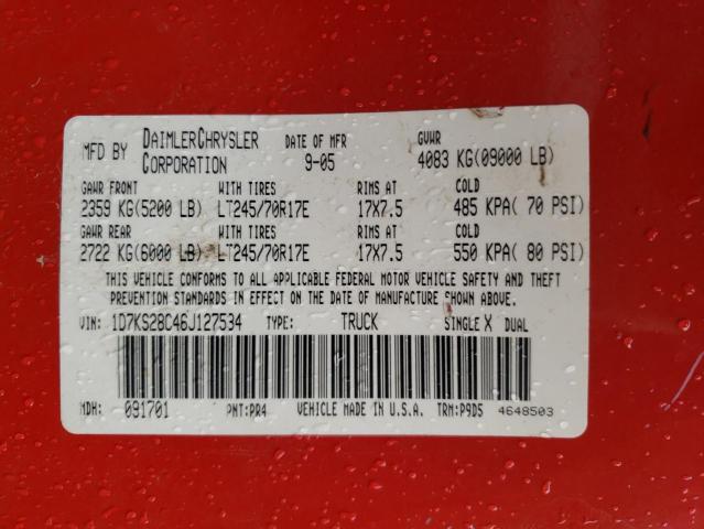 1D7KS28C46J127534 - 2006 DODGE RAM 2500 S Կարմիր լուսանկար 10