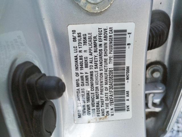 19XFA1F30AE082061 - 2010 HONDA CIVIC VP SILVER photo 10