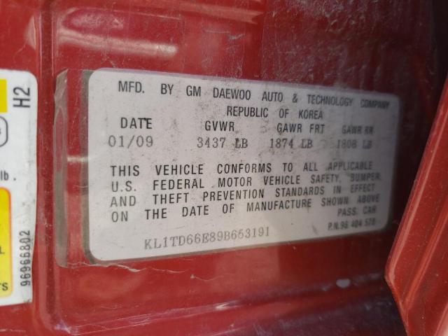 KL1TD66E89B653191 - 2009 CHEVROLET AVEO LS ბურგუნდია ფოტო 10