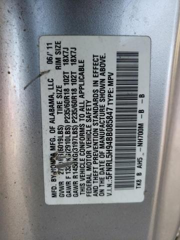 5FNRL5H94BB085847 - 2011 HONDA ODYSSEY TO SILVER photo 10