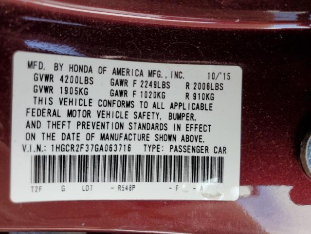 1HGCR2F37GA063716 - 2016 HONDA ACCORD LX BURGUNDY photo 10