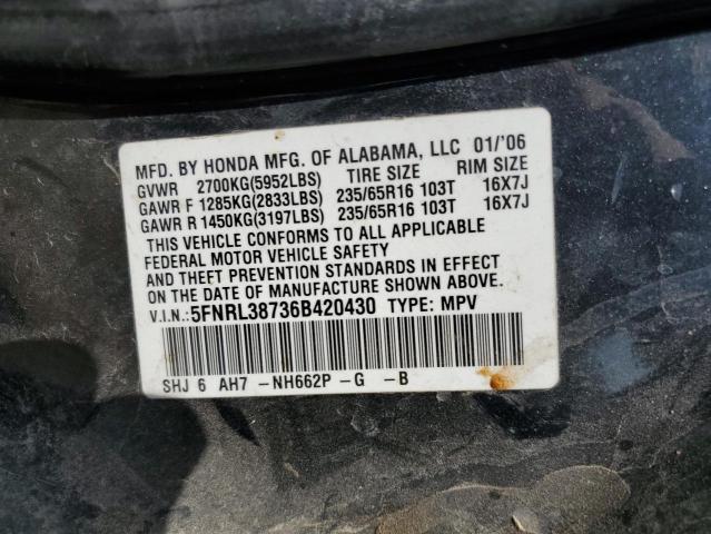 5FNRL38736B420430 - 2006 HONDA ODYSSEY VA TWO TONE photo 10