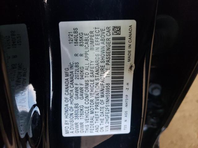 2HGFE2F51NH559958 - 2022 HONDA CIVIC SPORT  Foto 10