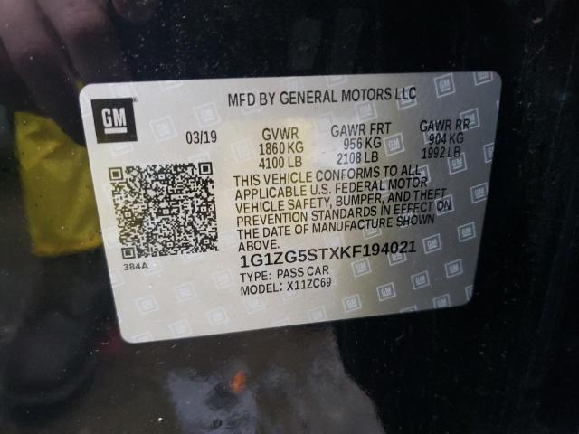 1G1ZG5STXKF194021 - 2019 CHEVROLET MALIBU RS BLACK photo 10