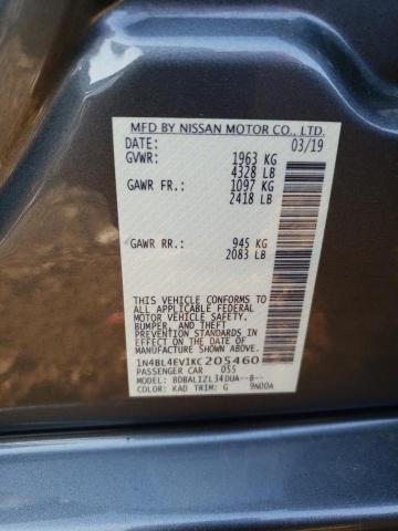 1N4BL4EV1KC205460 - 2019 NISSAN ALTIMA SL GRAY photo 10