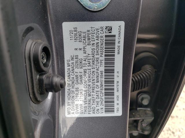 2HGFC2F80MH518946 - 2021 HONDA CIVIC SPOR GRAY photo 10