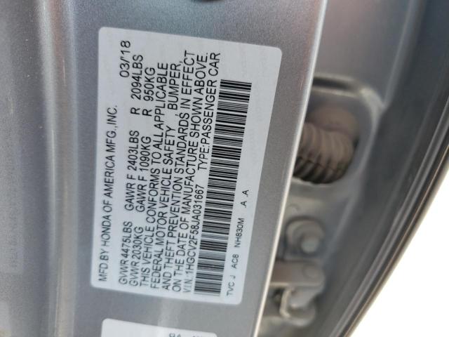 1HGCV2F58JA031667 - 2018 HONDA ACCORD EXL GRAY photo 10