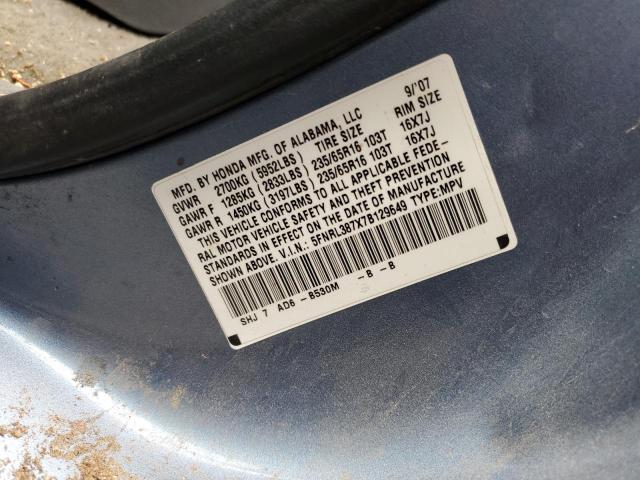 5FNRL387X7B129649 - 2007 HONDA ODYSSEY EX BLUE photo 10