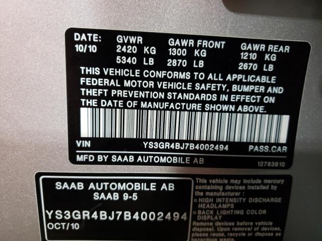 YS3GR4BJ7B4002494 - 2011 SAAB 9-5 AERO SILVER photo 10