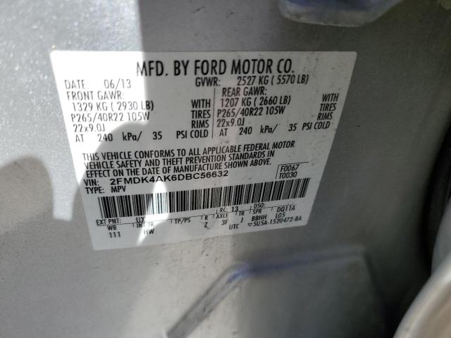 2FMDK4AK6DBC56632 - 2013 FORD EDGE SPORT SILVER photo 10