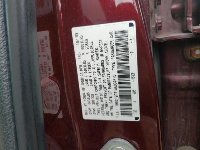 1HGCP2F71AA034535 - 2010 HONDA ACCORD EX BURGUNDY photo 10