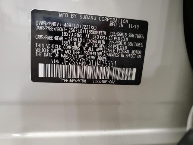 JF2SKARCXLH475331 - 2020 SUBARU FORESTER S WHITE photo 10