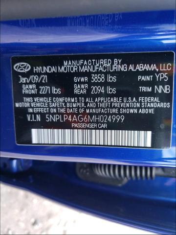 5NPLP4AG6MH024999 - 2021 HYUNDAI ELANTRA LI BLUE photo 10