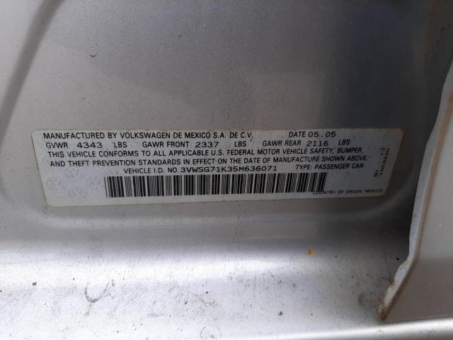 3VWSG71K35M636071 - 2005 VOLKSWAGEN JETTA SILVER photo 10