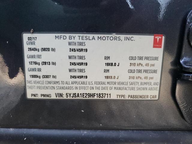 5YJSA1E29HF183711 - 2017 TESLA MODEL S Մոխրագույն լուսանկար 10
