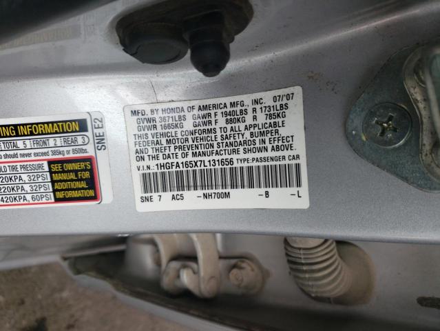 1HGFA165X7L131656 - 2007 HONDA CIVIC LX SILVER photo 10