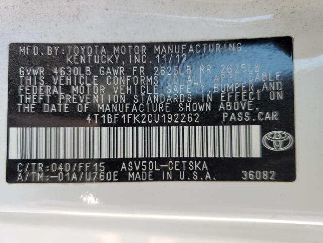 4T1BF1FK2CU192262 - 2012 TOYOTA CAMRY 4D 2 WHITE photo 10