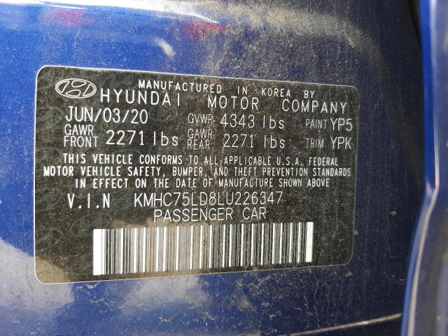 KMHC75LD8LU226347 - 2020 HYUNDAI IONIQ SEL BLUE photo 10