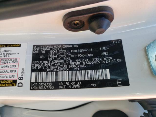 JTJBM7FX6J5190964 - 2018 LEXUS GX 460 WHITE photo 10